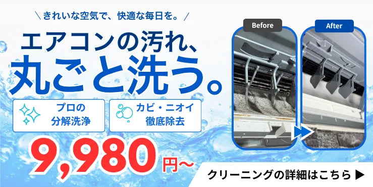 きれいな空気で、快適な毎日を。エアコンの汚れ、丸ごと洗う。プロの分解洗浄でカビ・ニオイを徹底除去。9,980円から。クリーニングの詳細はこちら